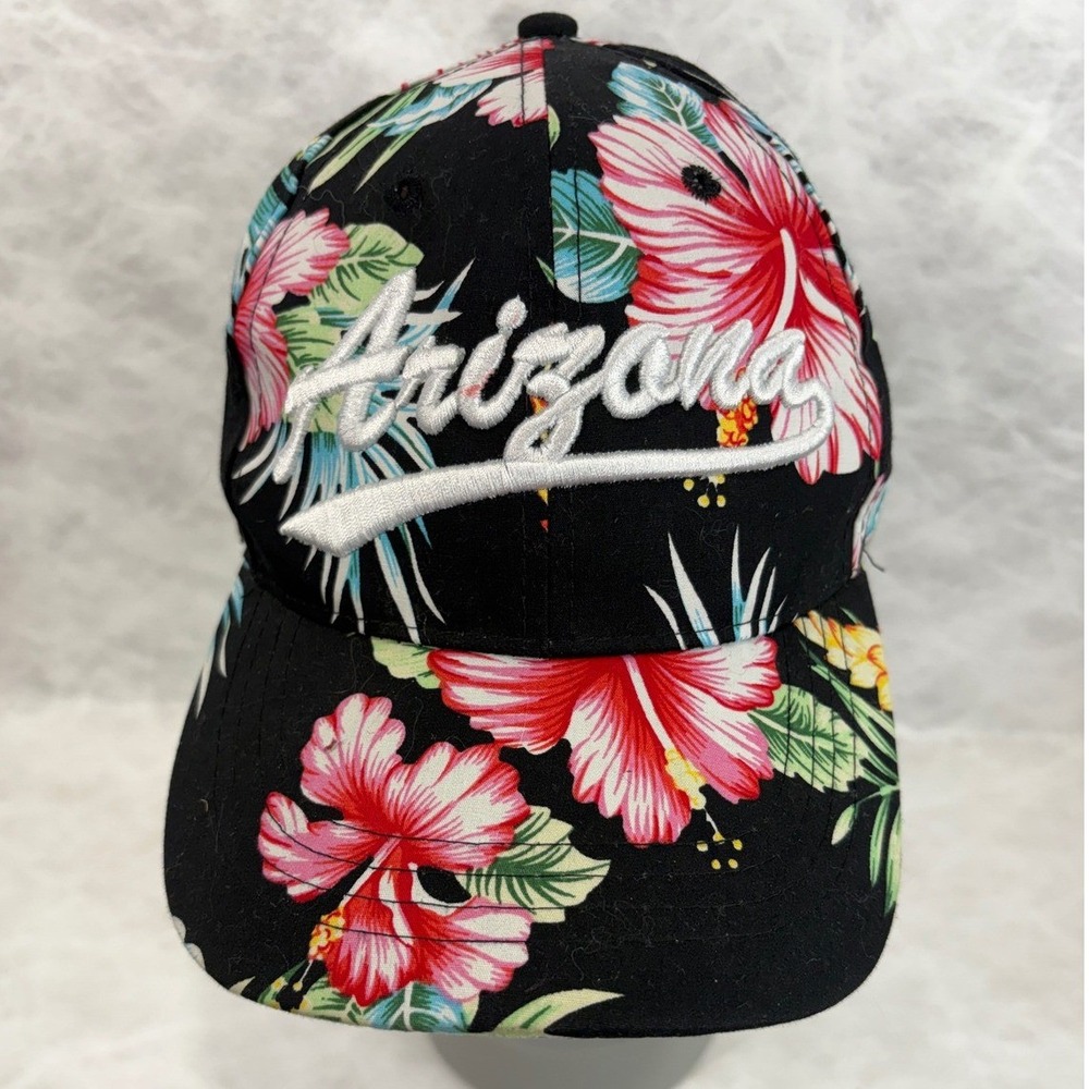 Arizona Tropical Hibiscus Floral Baseball Cap Black Pink One Size Hat